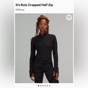 Lululemon it’s Rulu cropped black half zip *ribbed material on wrists size 4
